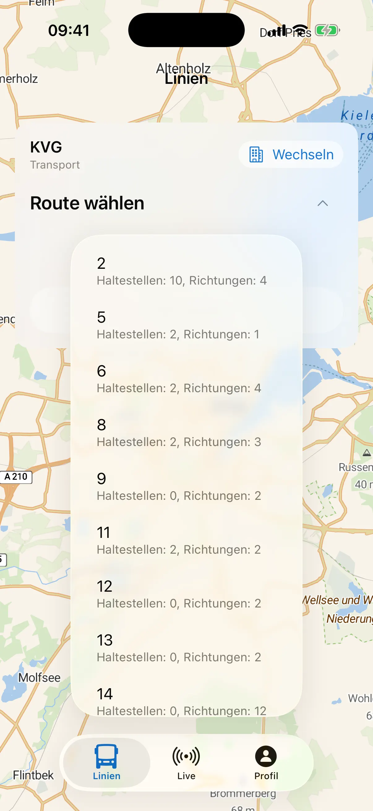 Linienauswahl der KVG Kiel in Bus Linie Navi