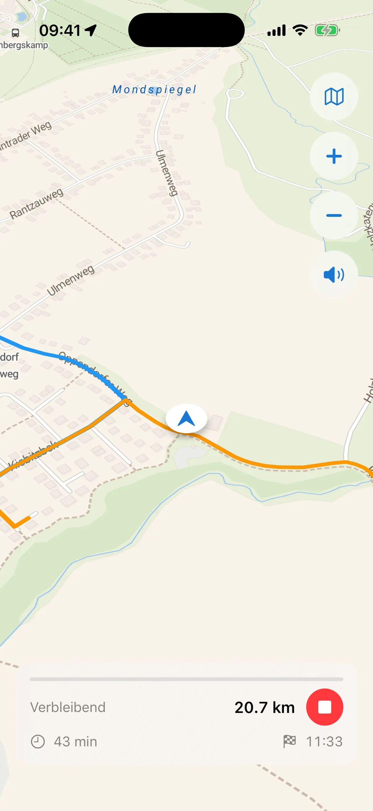 Orange Rückführungsroute zurück auf die blaue Linie