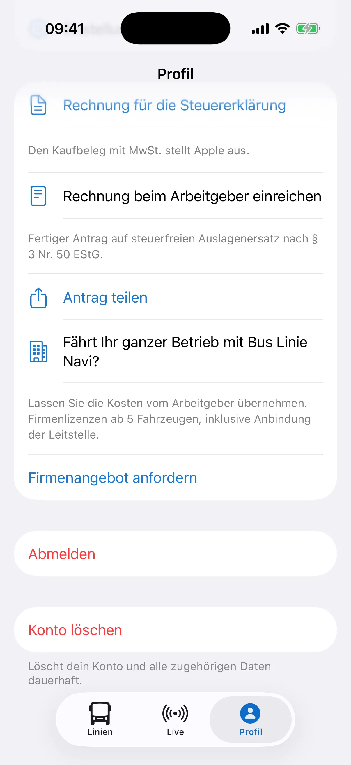 In the app: receipt for tax, reimbursement request for the employer and company offer