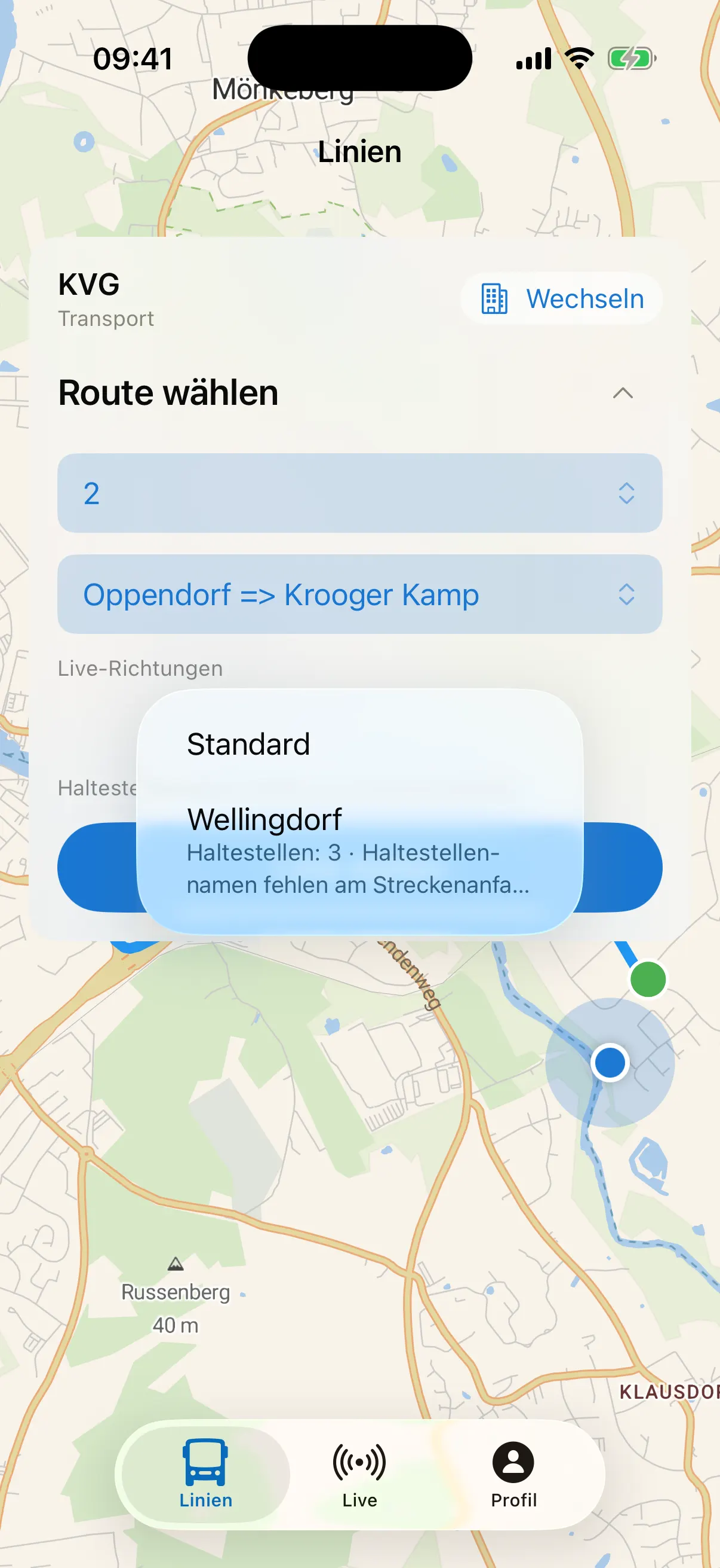 Auswahl zwischen Standardstrecke und Live-Richtung